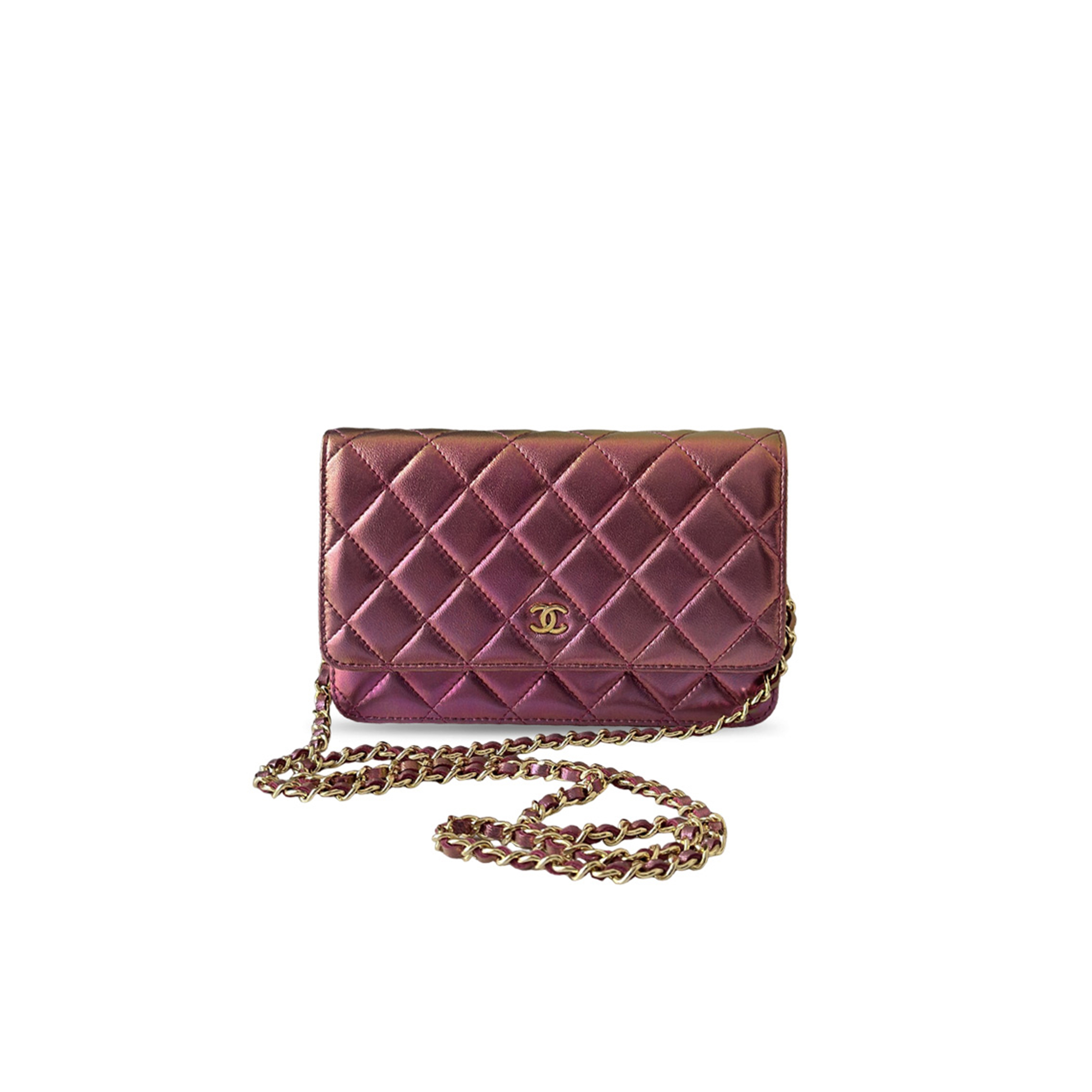 CHANEL PINK IRIDESCENT QUILTED LEATHER CLASSIC WALLET ON CHAIN AP0250 (19*13*3.5cm)